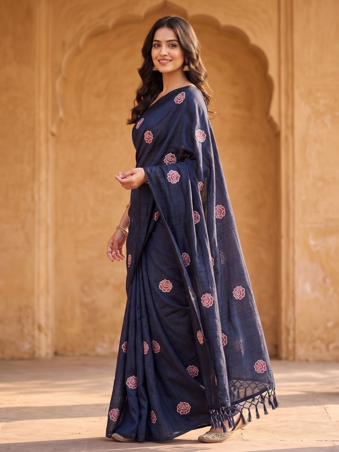 Peachmode Navy Blue Rose Embroidered Vichitra Silk Saree - Image 2