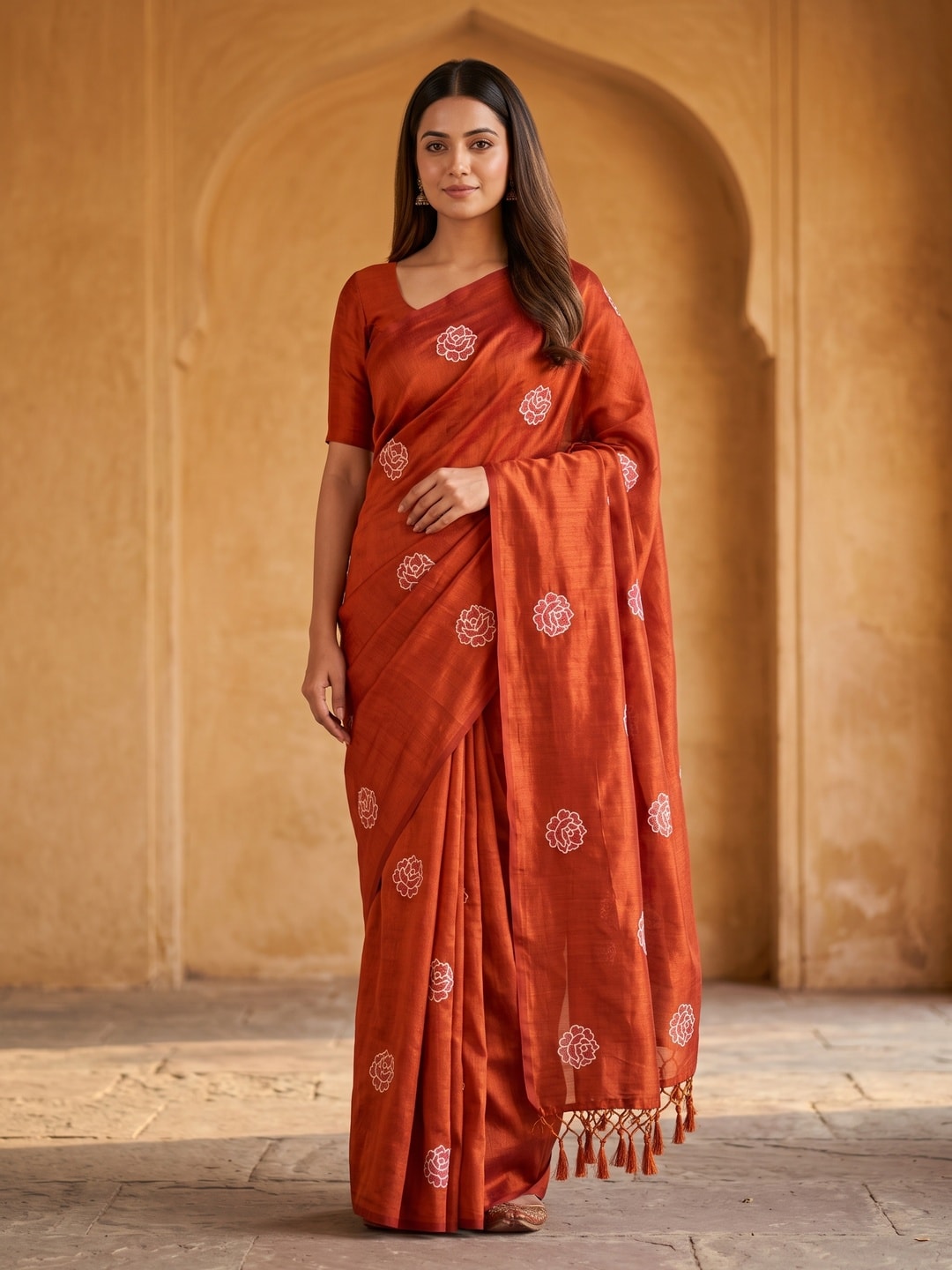 Peachmode Orange Rose Embroidered Vichitra Silk Saree - Image 1