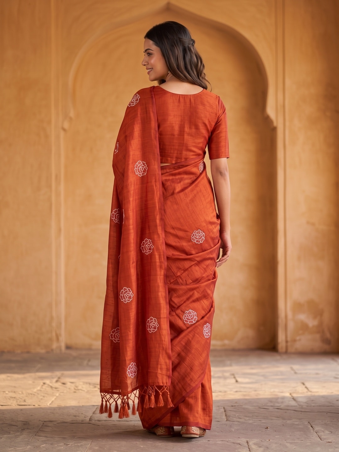 Peachmode Orange Rose Embroidered Vichitra Silk Saree - Image 4