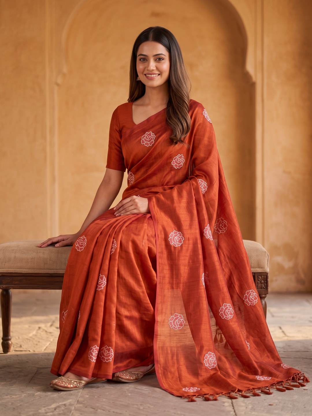 Peachmode Orange Rose Embroidered Vichitra Silk Saree - Image 5