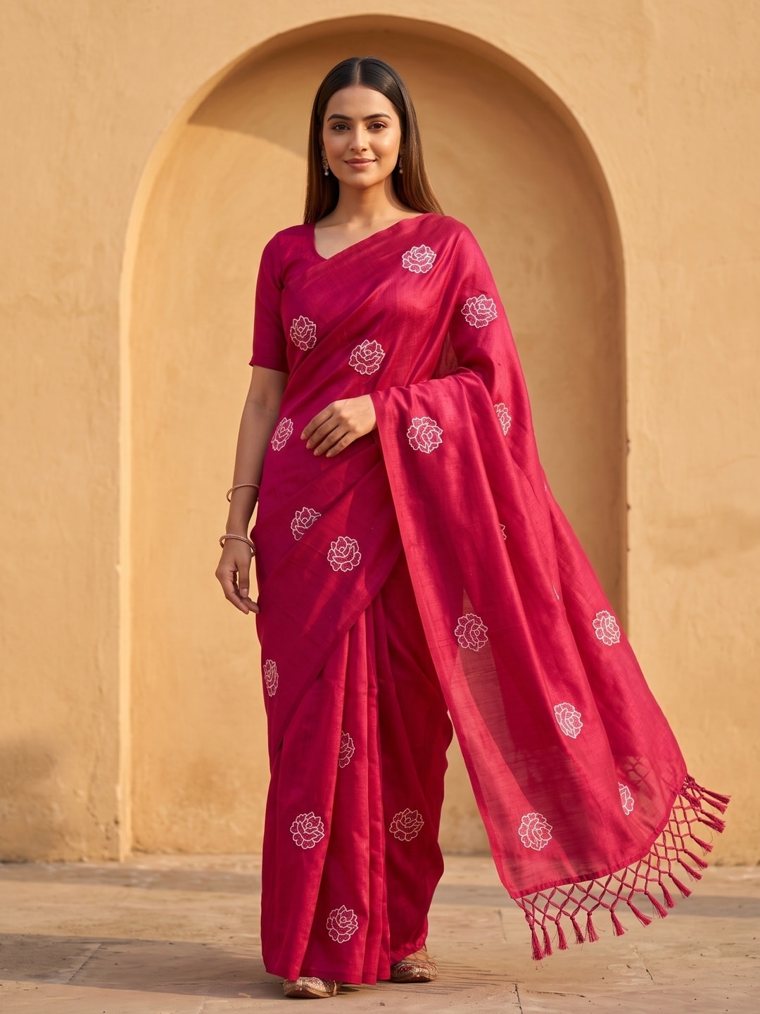 Peachmode Pink Rose Embroidered Vichitra Silk Saree - Image 1