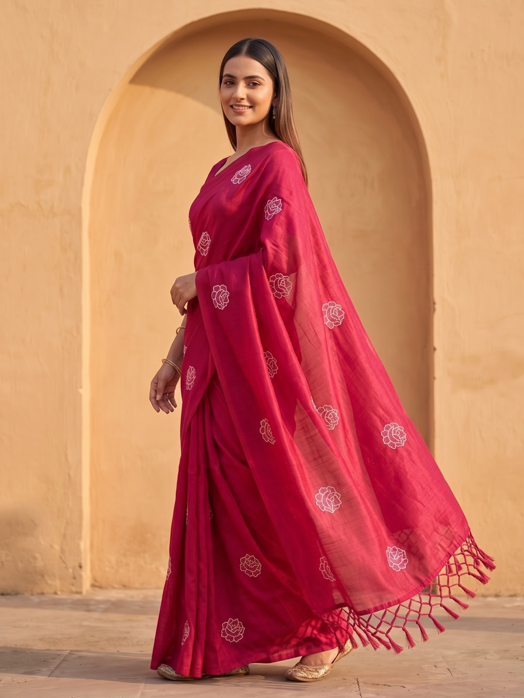 Peachmode Pink Rose Embroidered Vichitra Silk Saree - Image 2