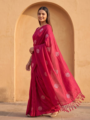 Peachmode Pink Rose Embroidered Vichitra Silk Saree - Image 2