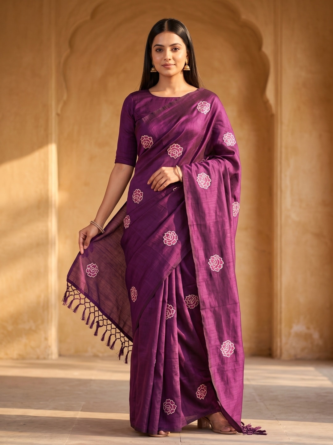 Peachmode Purple Rose Embroidered Vichitra Silk Saree - Image 1