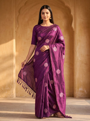 Peachmode Purple Rose Embroidered Vichitra Silk Saree - Image 1
