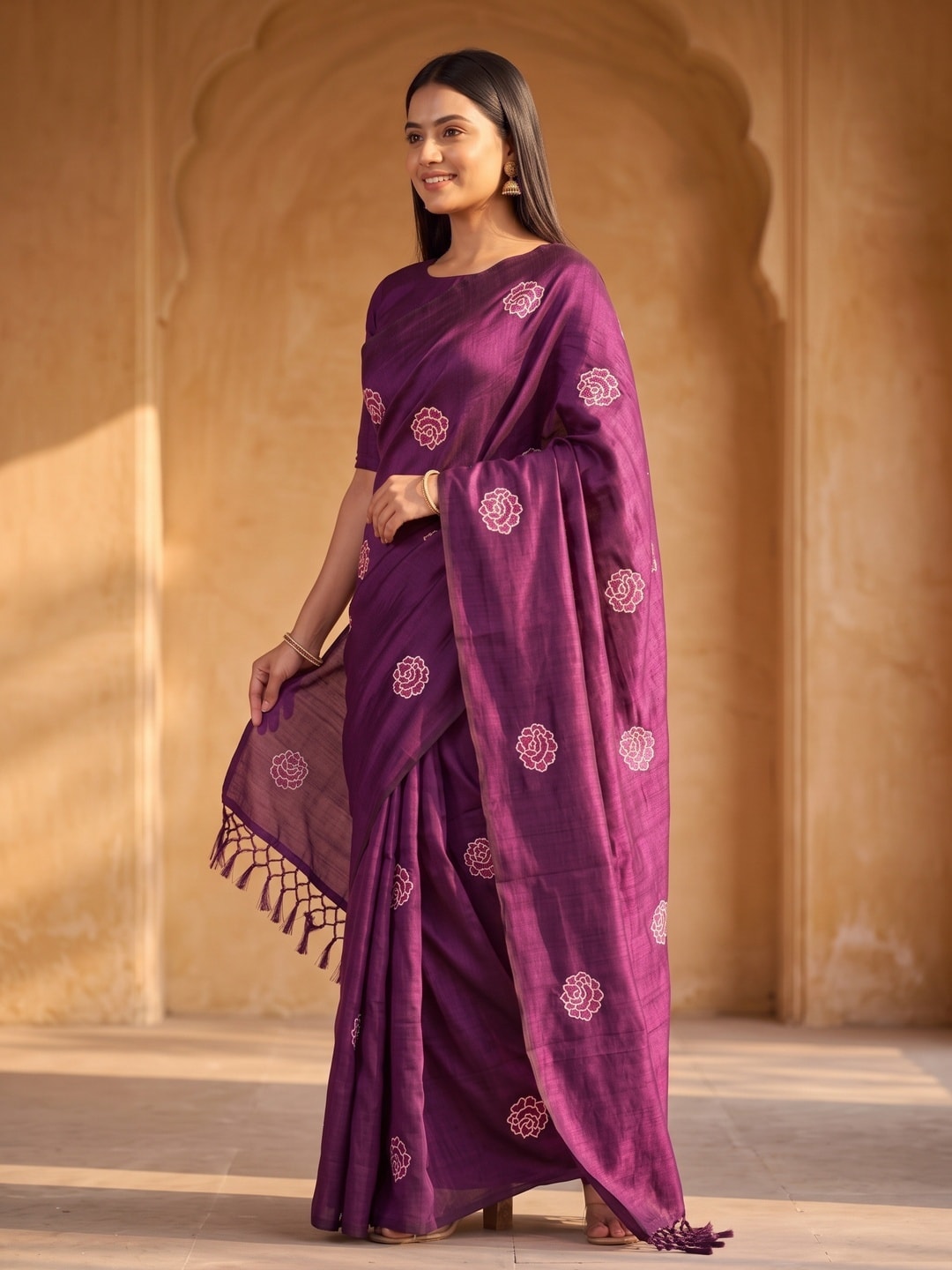 Peachmode Purple Rose Embroidered Vichitra Silk Saree - Image 2