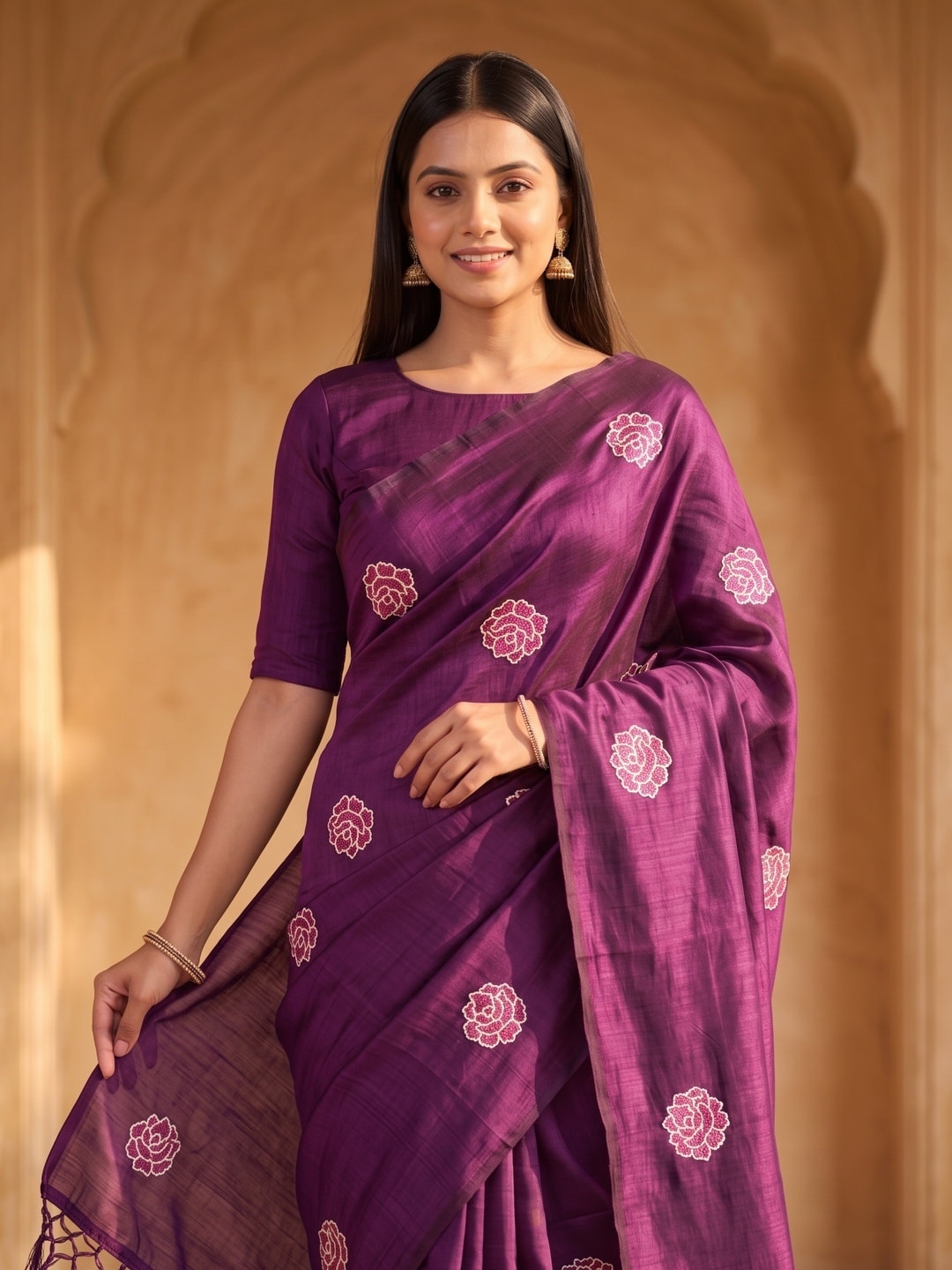 Peachmode Purple Rose Embroidered Vichitra Silk Saree - Image 3