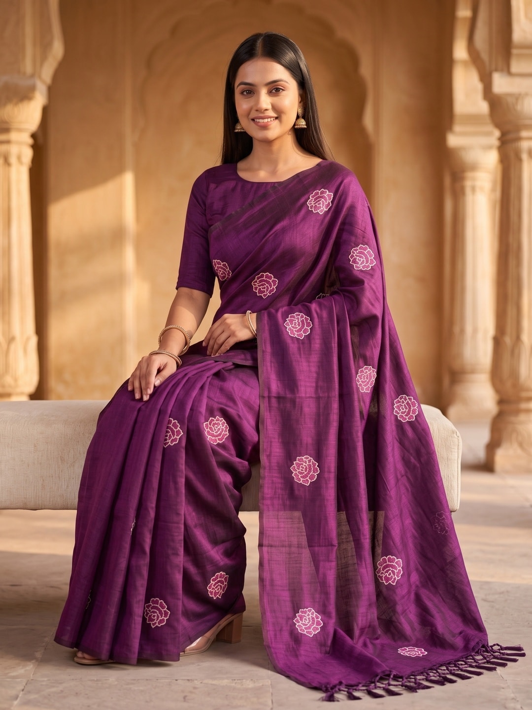 Peachmode Purple Rose Embroidered Vichitra Silk Saree - Image 5