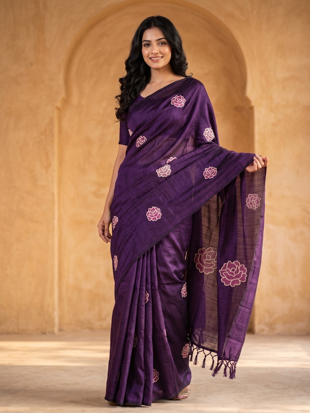 Peachmode Violet Rose Embroidered Vichitra Silk Saree - Image 1