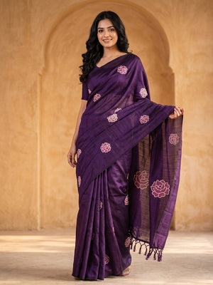 Peachmode Violet Rose Embroidered Vichitra Silk Saree - Image 1