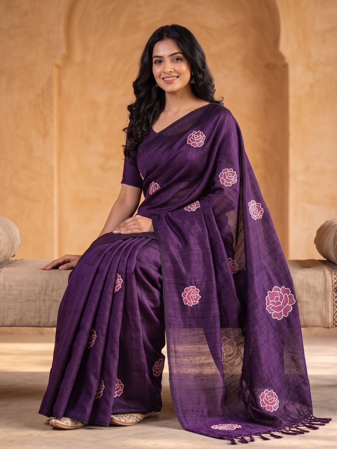 Peachmode Violet Rose Embroidered Vichitra Silk Saree - Image 5