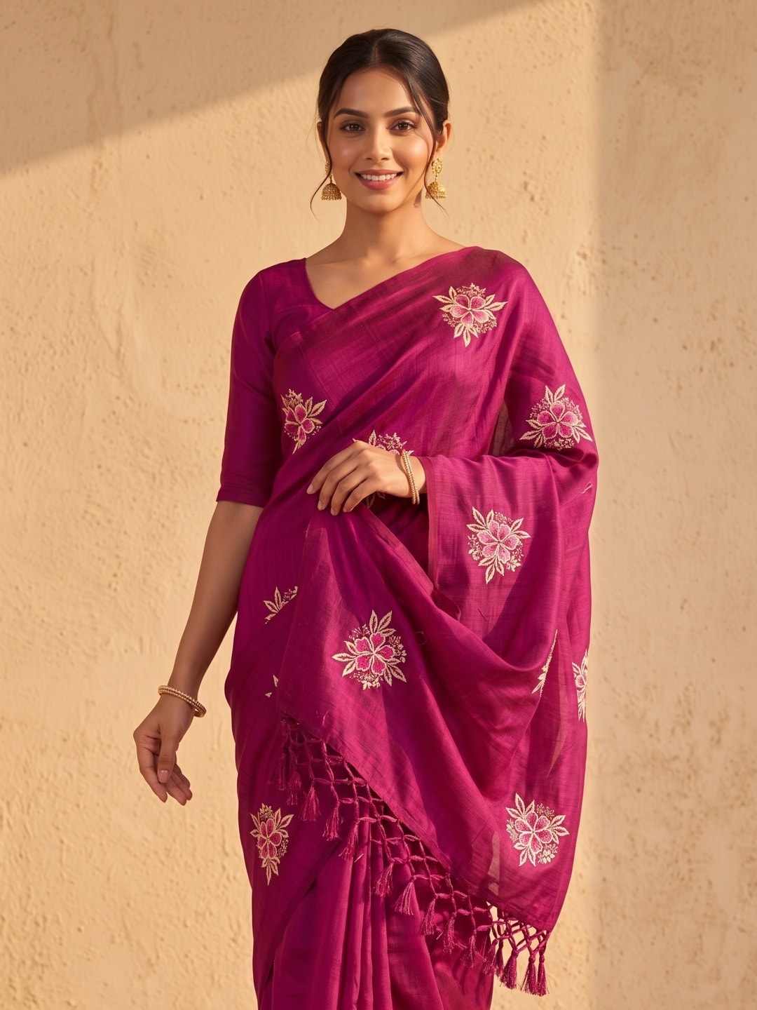 Peachmode Magenta Floral Embroidered Vichitra Silk Saree - Image 3