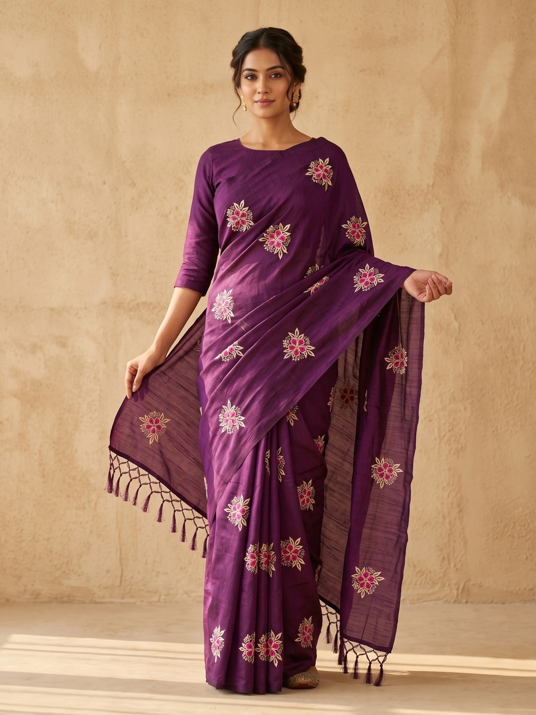Peachmode Purple Floral Embroidered Vichitra Silk Saree - Image 1