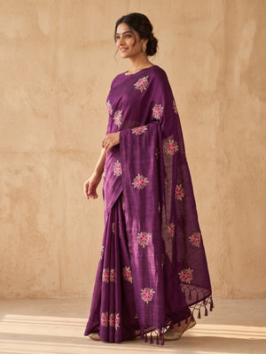 Peachmode Purple Floral Embroidered Vichitra Silk Saree - Image 2