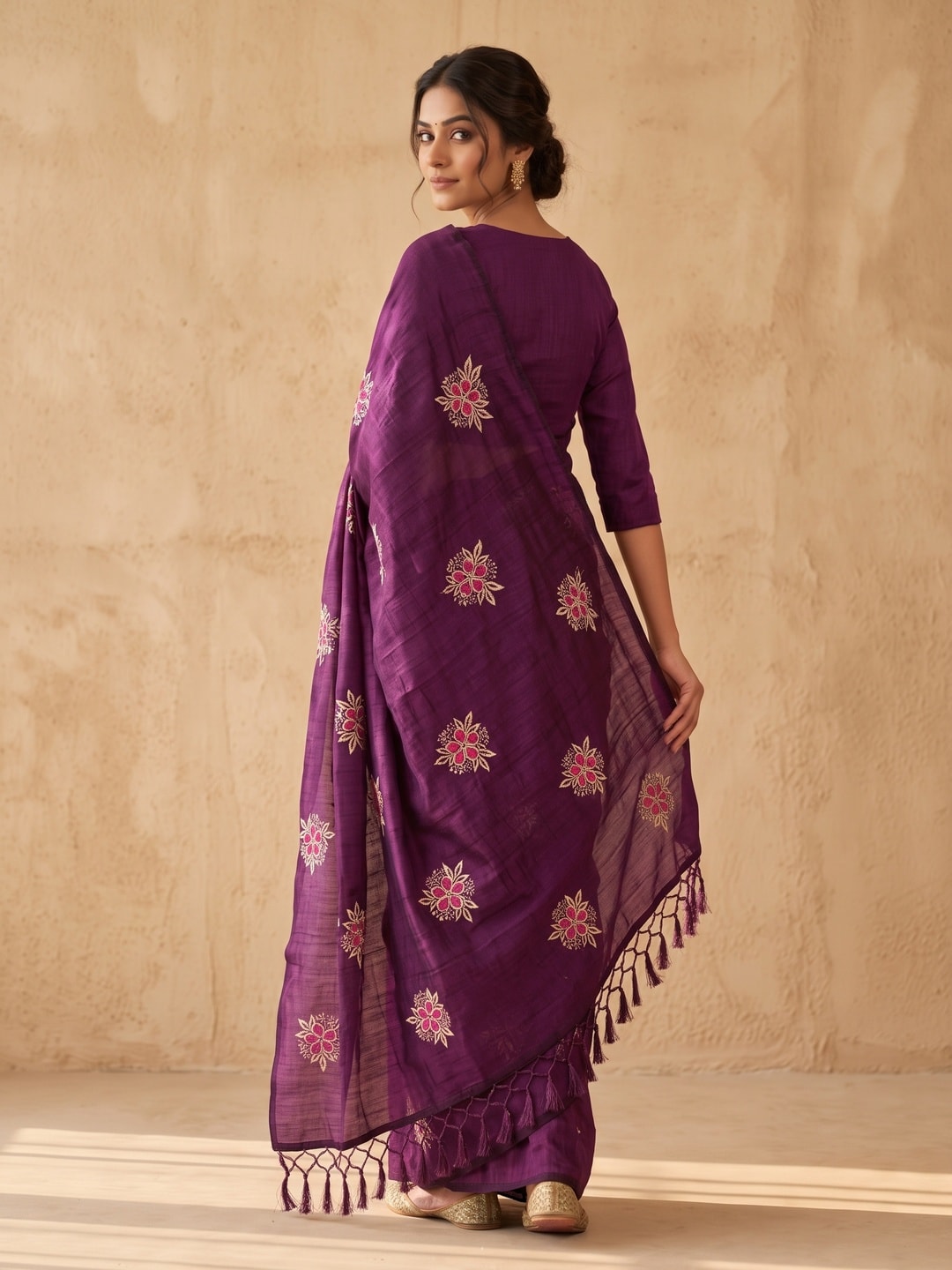 Peachmode Purple Floral Embroidered Vichitra Silk Saree - Image 4