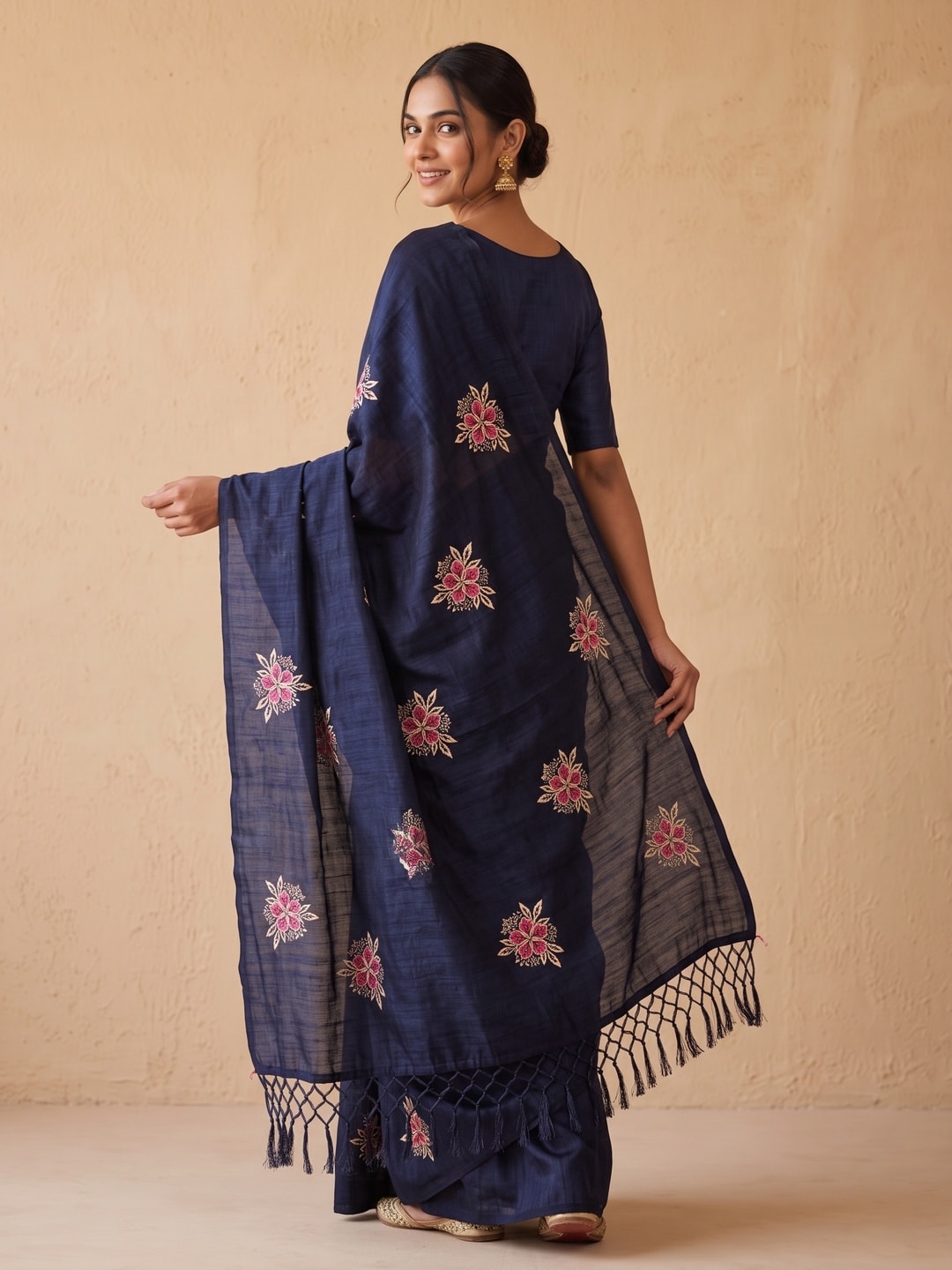 Peachmode Navy Blue Floral Embroidered Vichitra Silk Saree - Image 4
