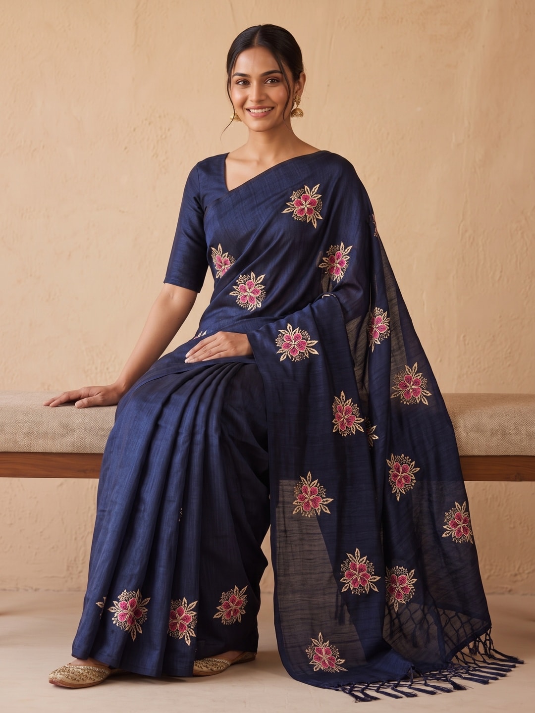 Peachmode Navy Blue Floral Embroidered Vichitra Silk Saree - Image 5