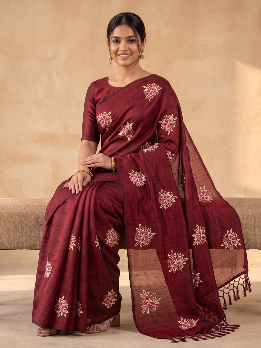 Peachmode Maroon Floral Embroidered Vichitra Silk Saree - Image 5