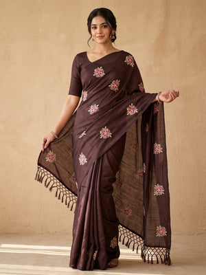 Peachmode Brown Floral Embroidered Vichitra Silk Saree - Image 1