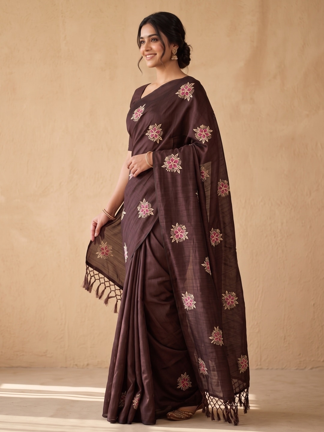 Peachmode Brown Floral Embroidered Vichitra Silk Saree - Image 2