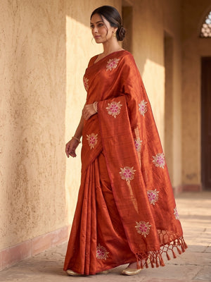 Peachmode Orange Floral Embroidered Vichitra Silk Saree - Image 2