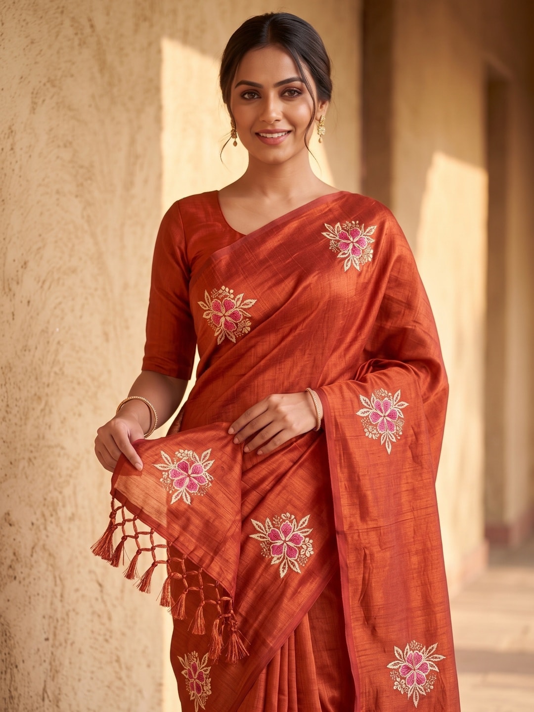 Peachmode Orange Floral Embroidered Vichitra Silk Saree - Image 3