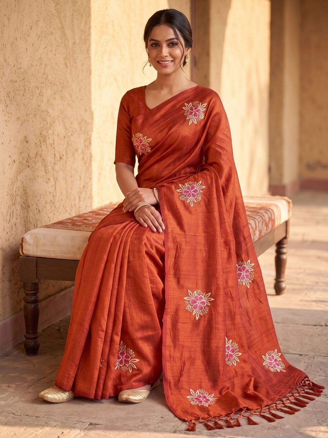 Peachmode Orange Floral Embroidered Vichitra Silk Saree - Image 5