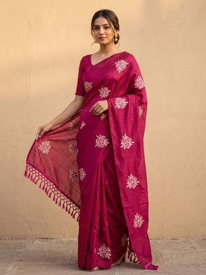 Peachmode Pink Floral Embroidered Vichitra Silk Saree - Image 1