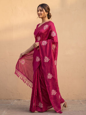Peachmode Pink Floral Embroidered Vichitra Silk Saree - Image 2