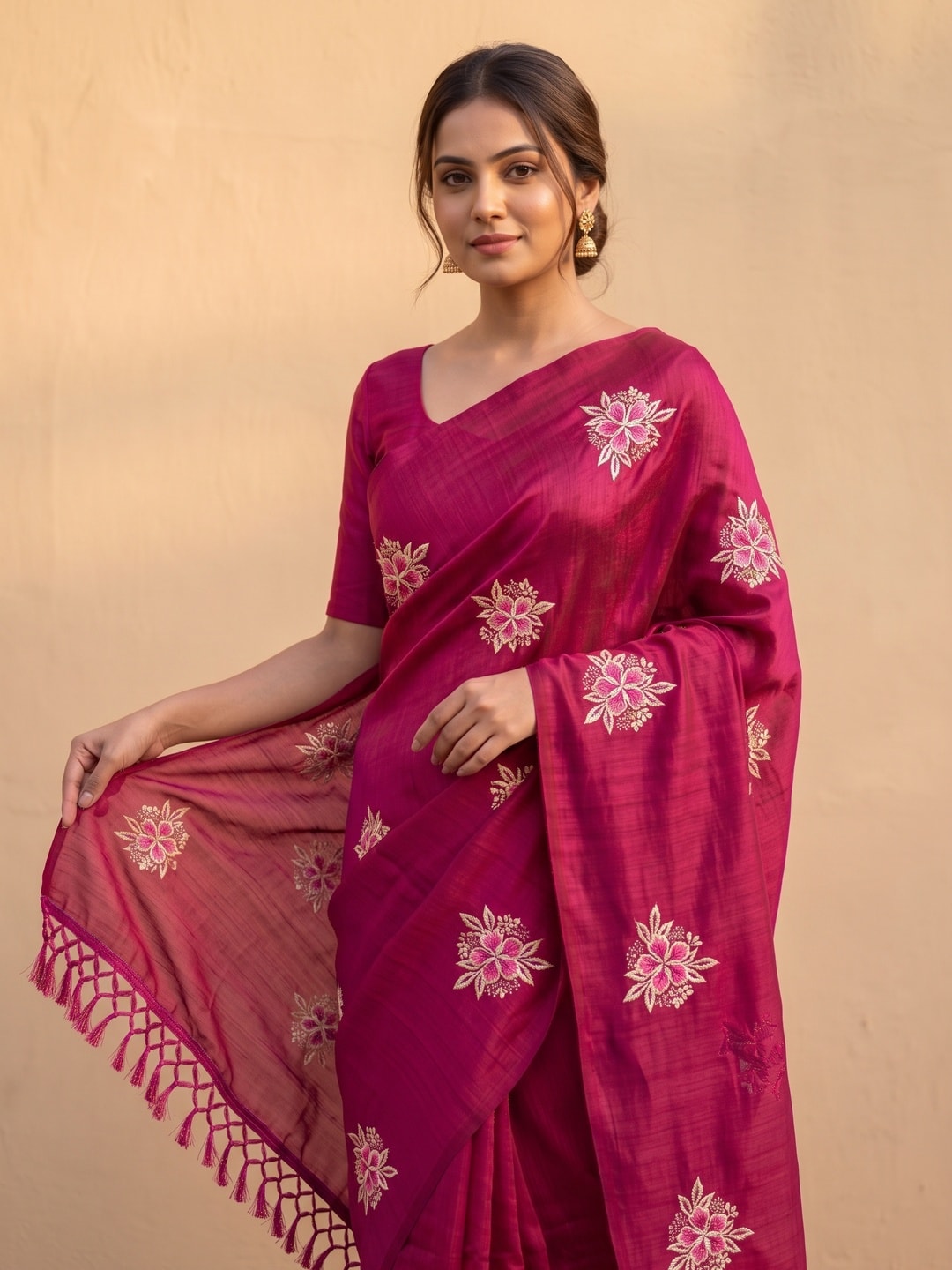 Peachmode Pink Floral Embroidered Vichitra Silk Saree - Image 3