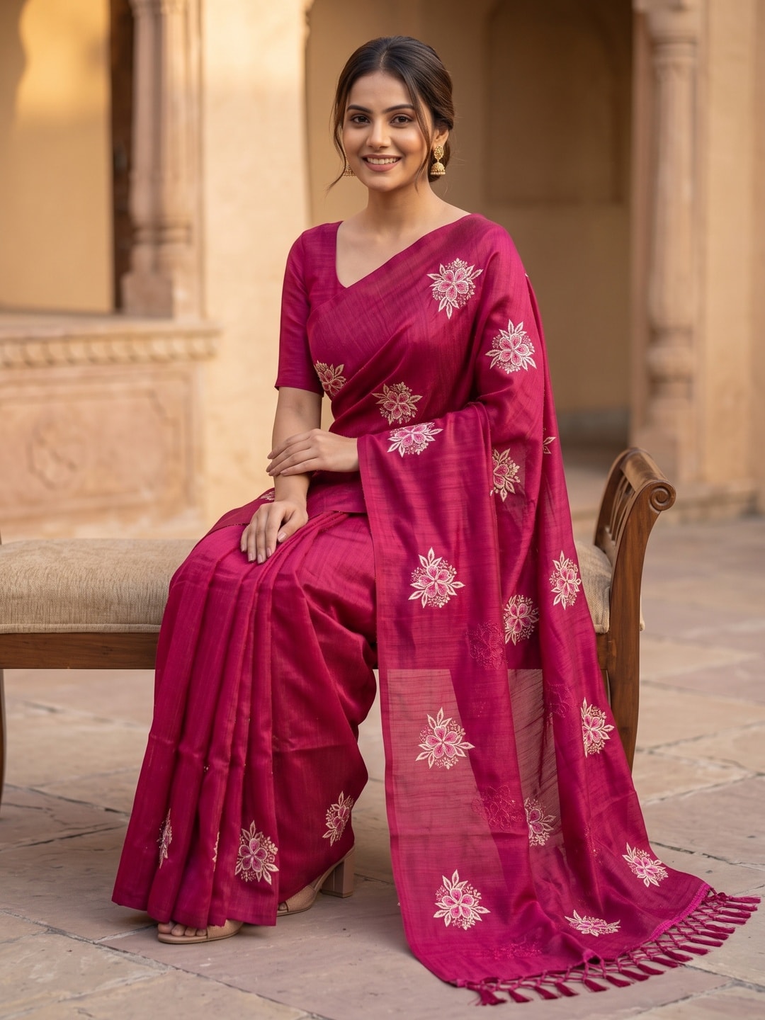 Peachmode Pink Floral Embroidered Vichitra Silk Saree - Image 5