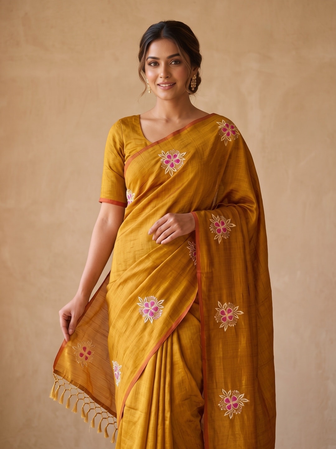 Peachmode Mustard Floral Embroidered Vichitra Silk Saree - Image 3