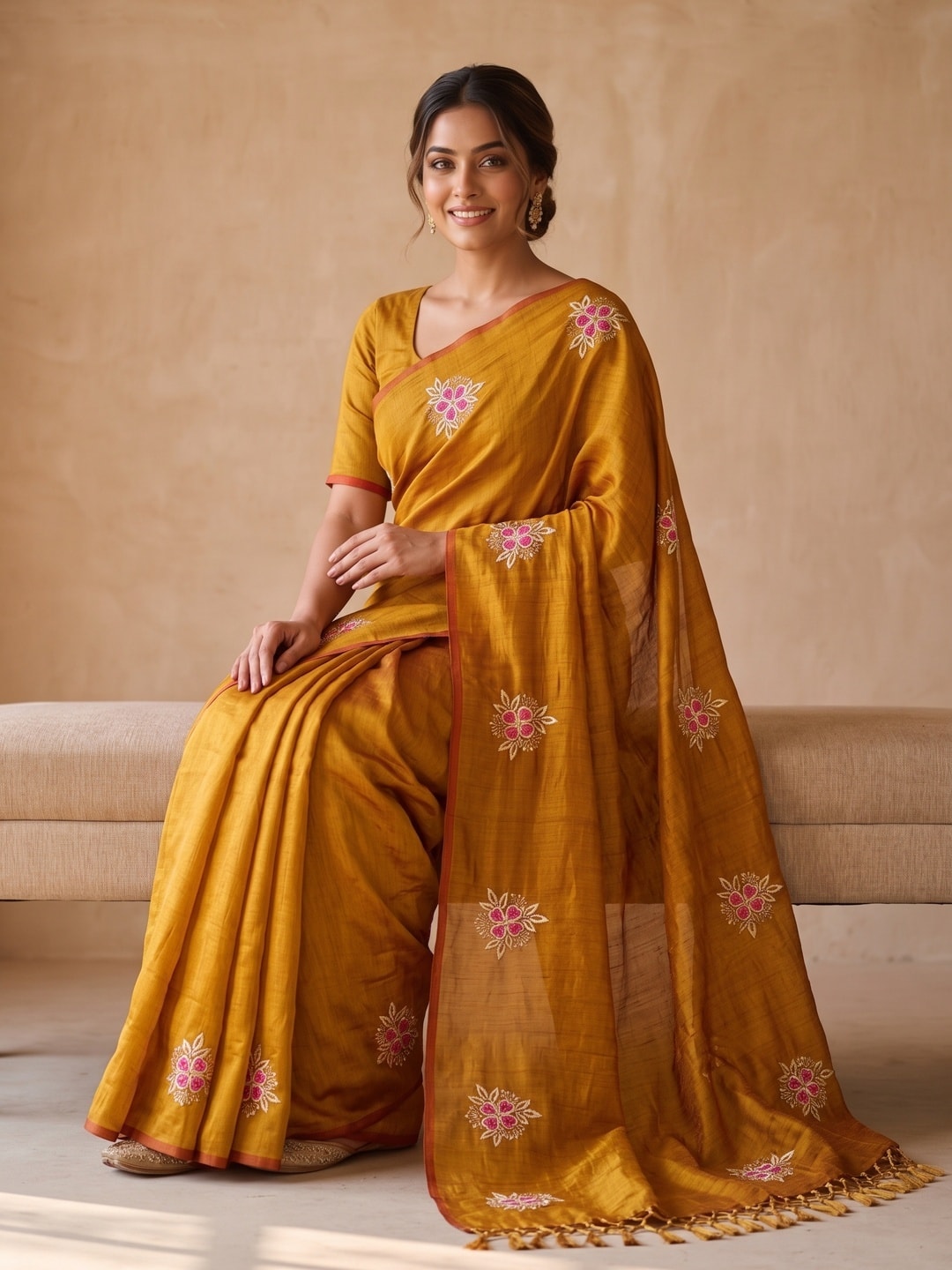Peachmode Mustard Floral Embroidered Vichitra Silk Saree - Image 5