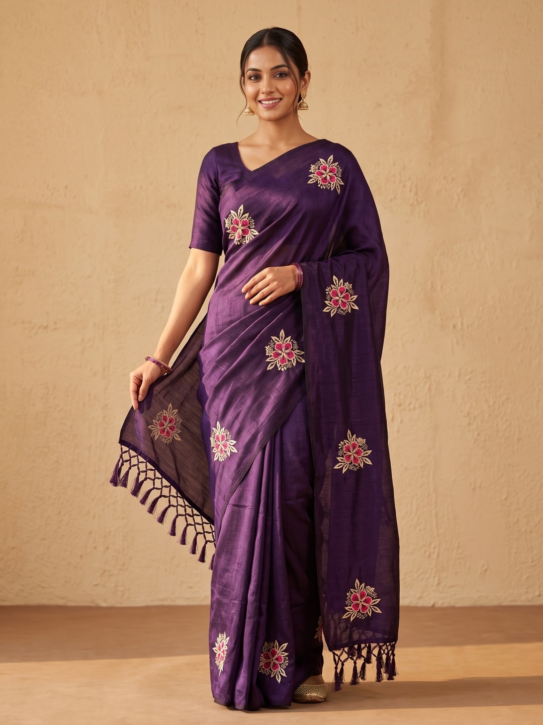 Peachmode Violet Floral Embroidered Vichitra Silk Saree - Image 1
