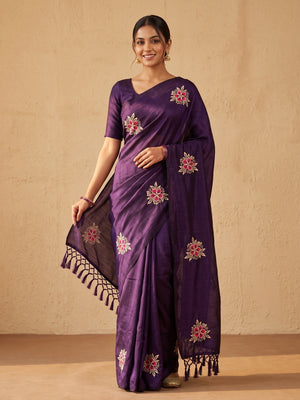 Peachmode Violet Floral Embroidered Vichitra Silk Saree - Image 1