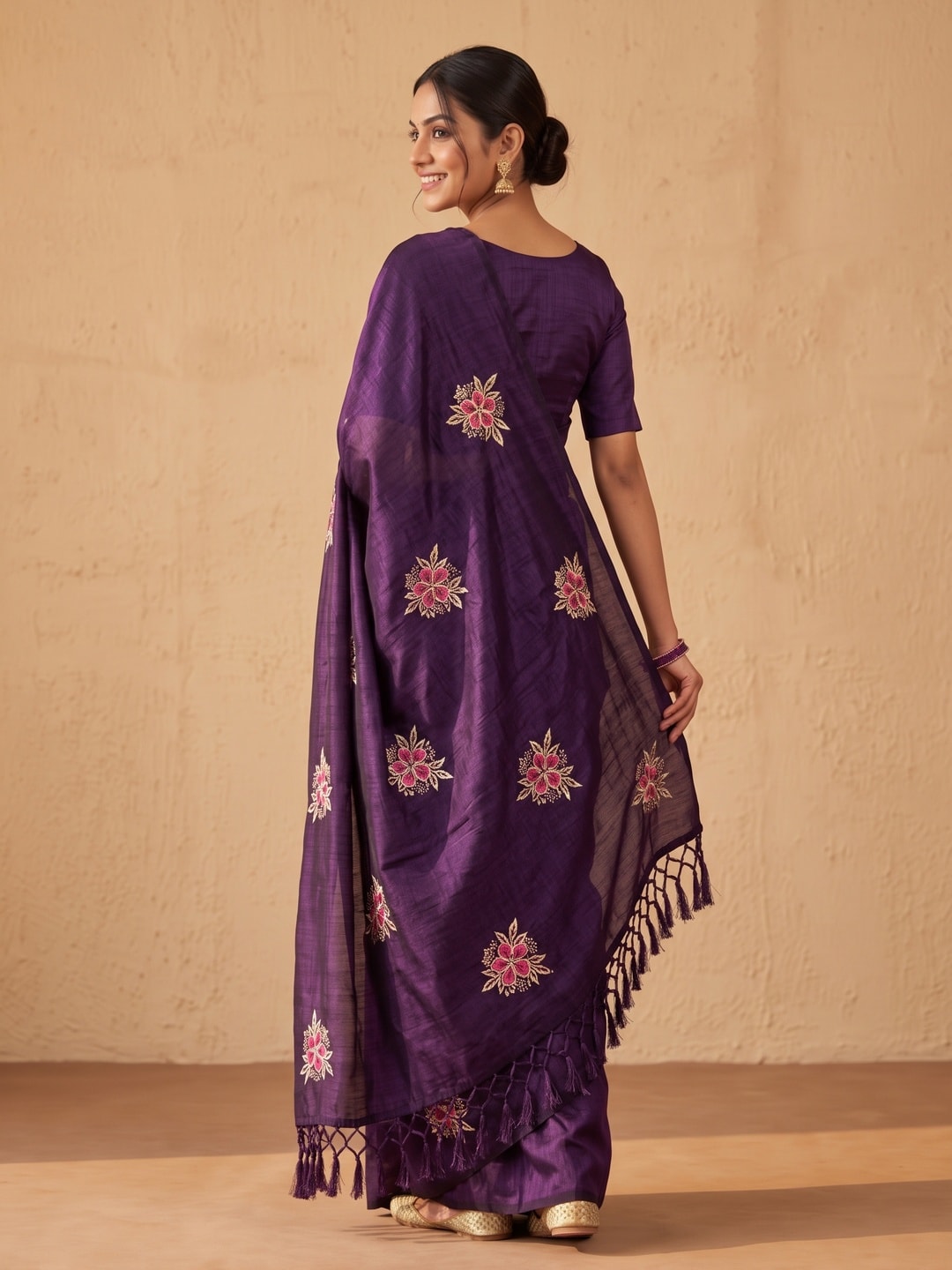 Peachmode Violet Floral Embroidered Vichitra Silk Saree - Image 4