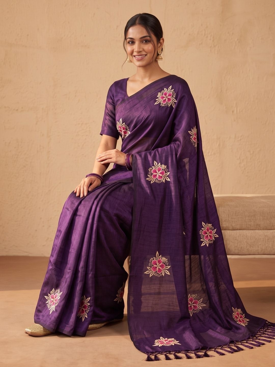 Peachmode Violet Floral Embroidered Vichitra Silk Saree - Image 5