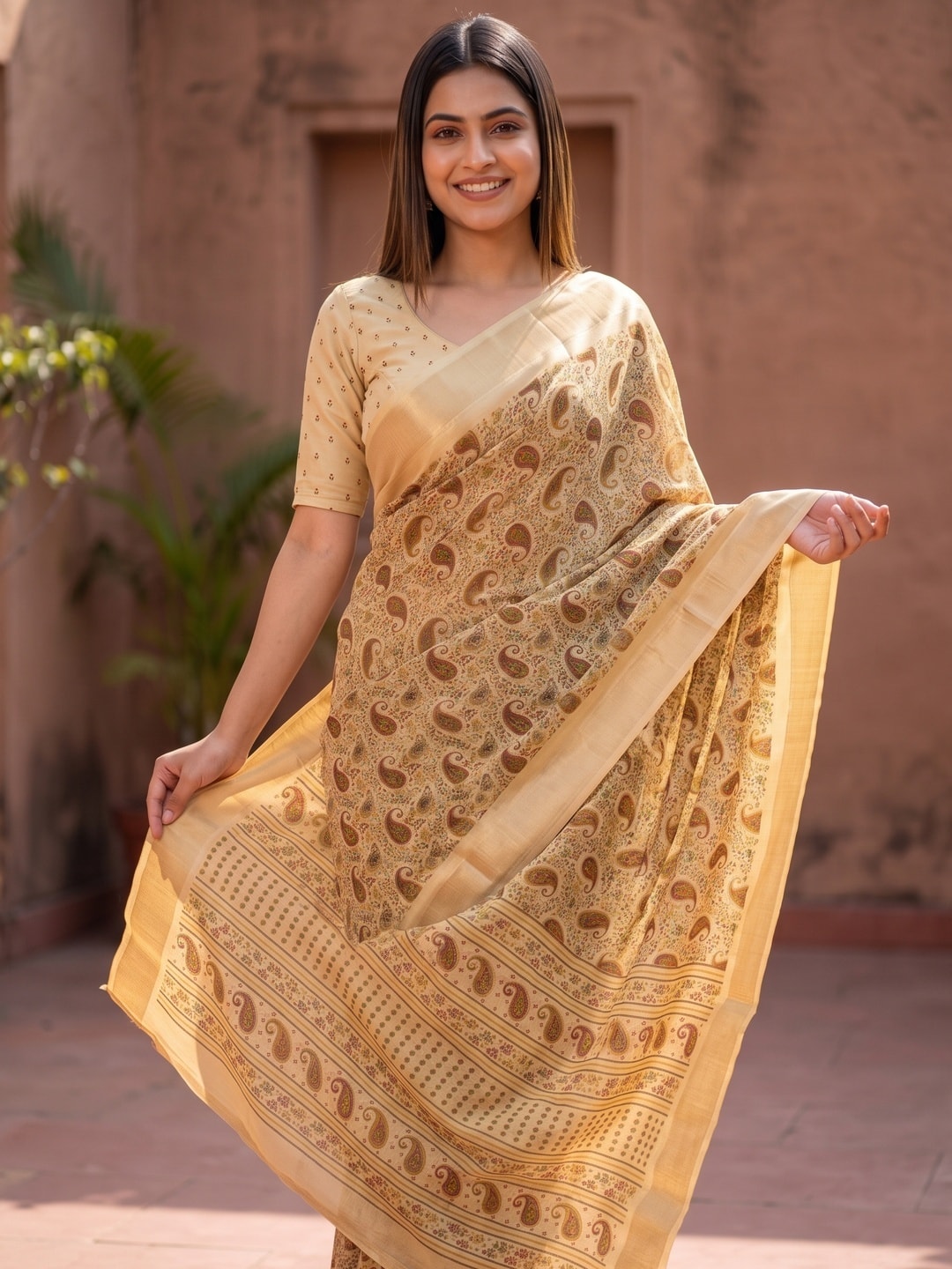 Peachmode Cream Paisley Moss Georgette Digital Printed Saree With Zari Border - Image 3