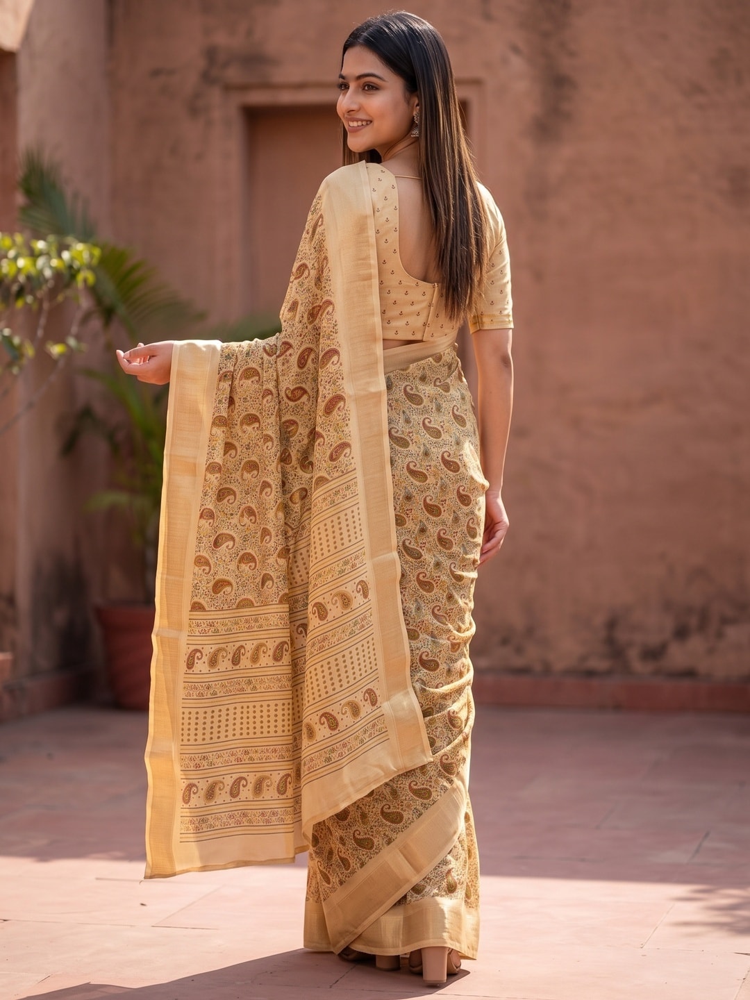 Peachmode Cream Paisley Moss Georgette Digital Printed Saree With Zari Border - Image 4