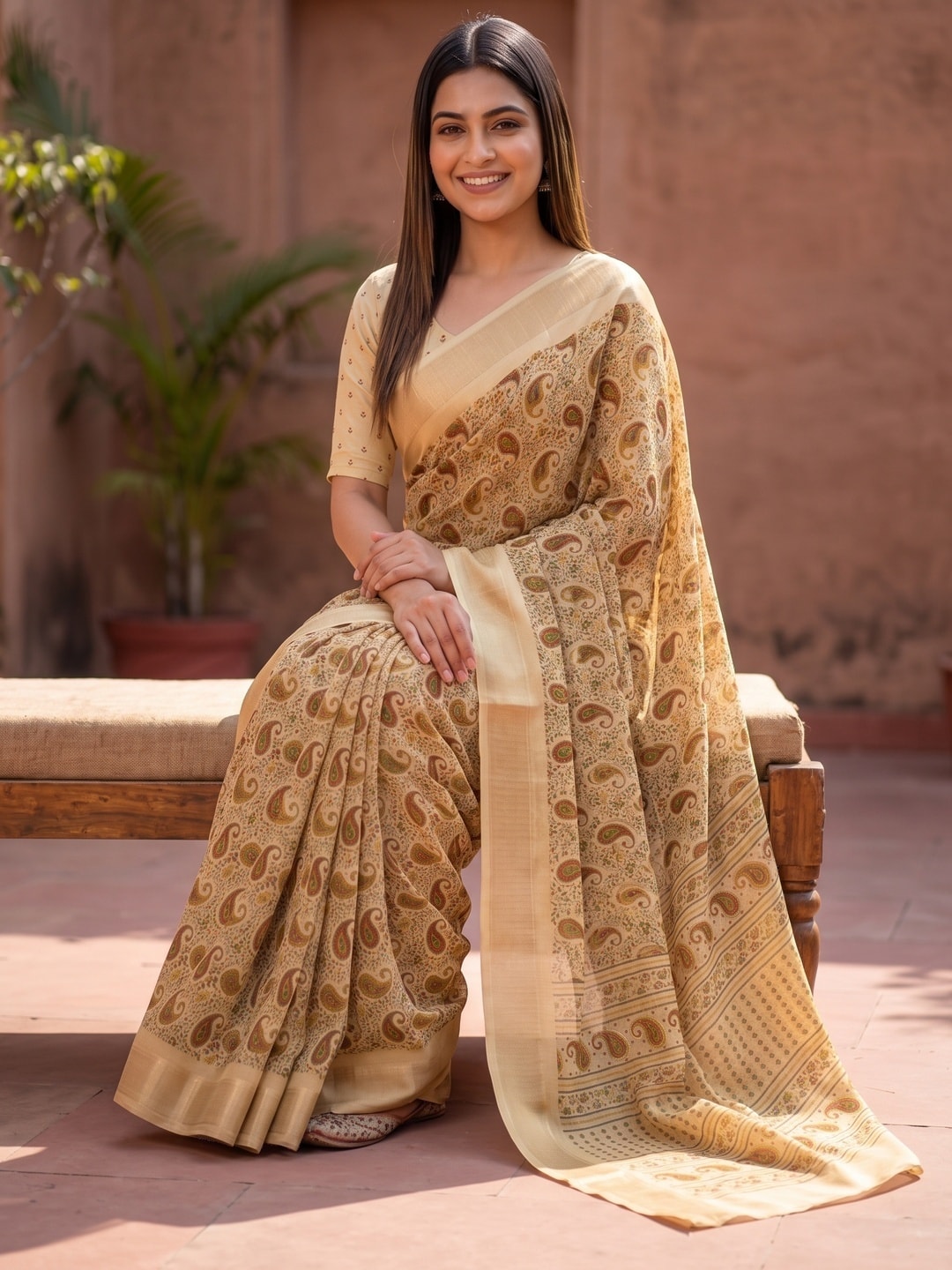 Peachmode Cream Paisley Moss Georgette Digital Printed Saree With Zari Border - Image 5