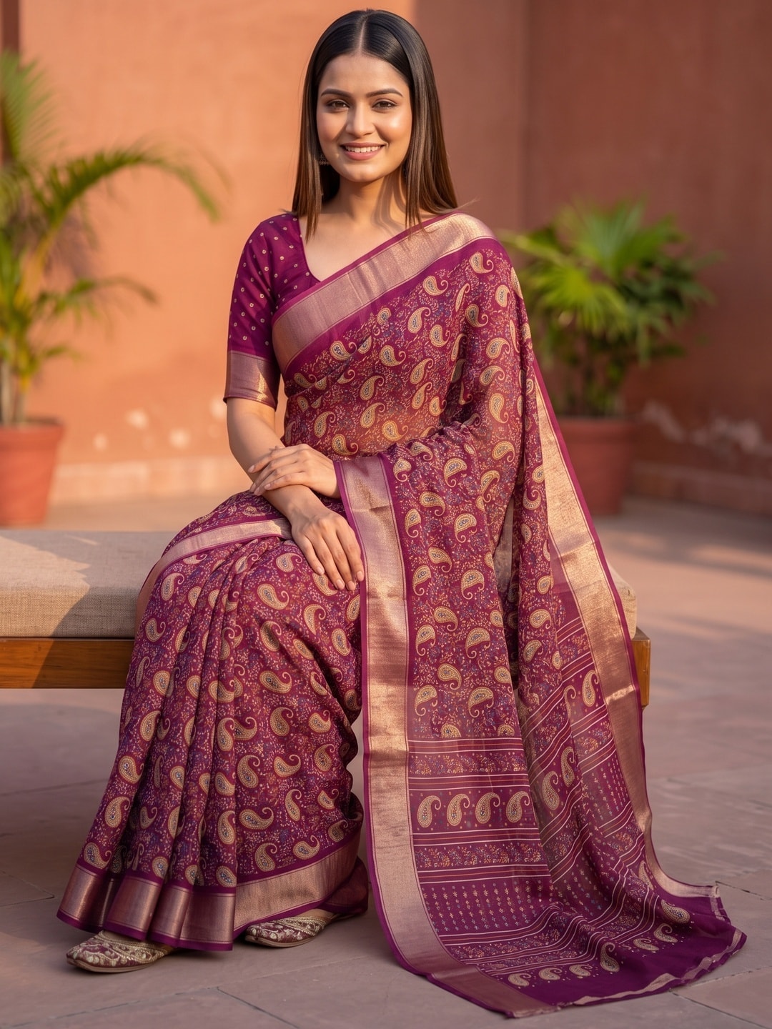 Peachmode Magenta Paisley Moss Georgette Digital Printed Saree With Zari Border - Image 5