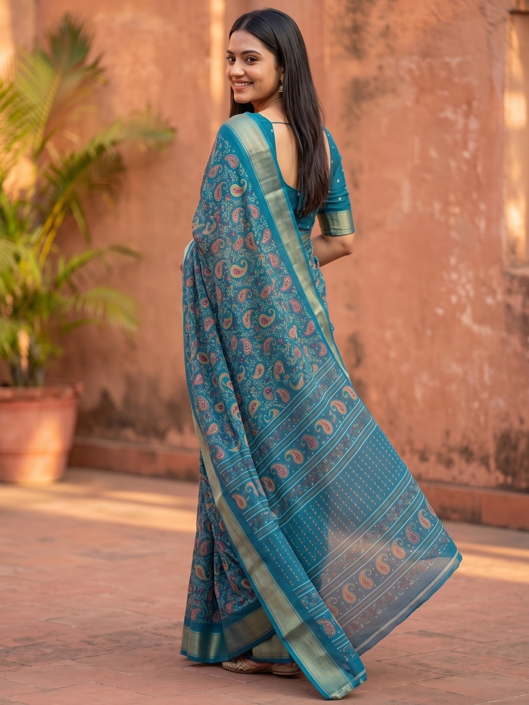 Peachmode Teal Paisley Moss Georgette Digital Printed Saree With Zari Border - Image 4