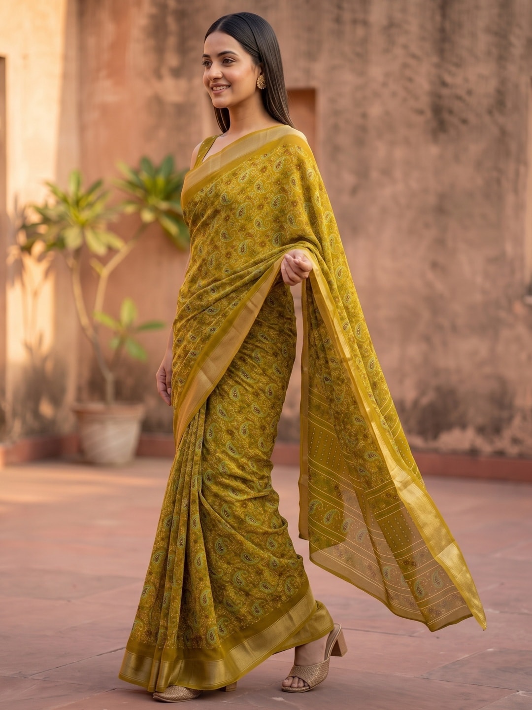 Peachmode Mustard Paisley Moss Georgette Digital Printed Saree With Zari Border - Image 2