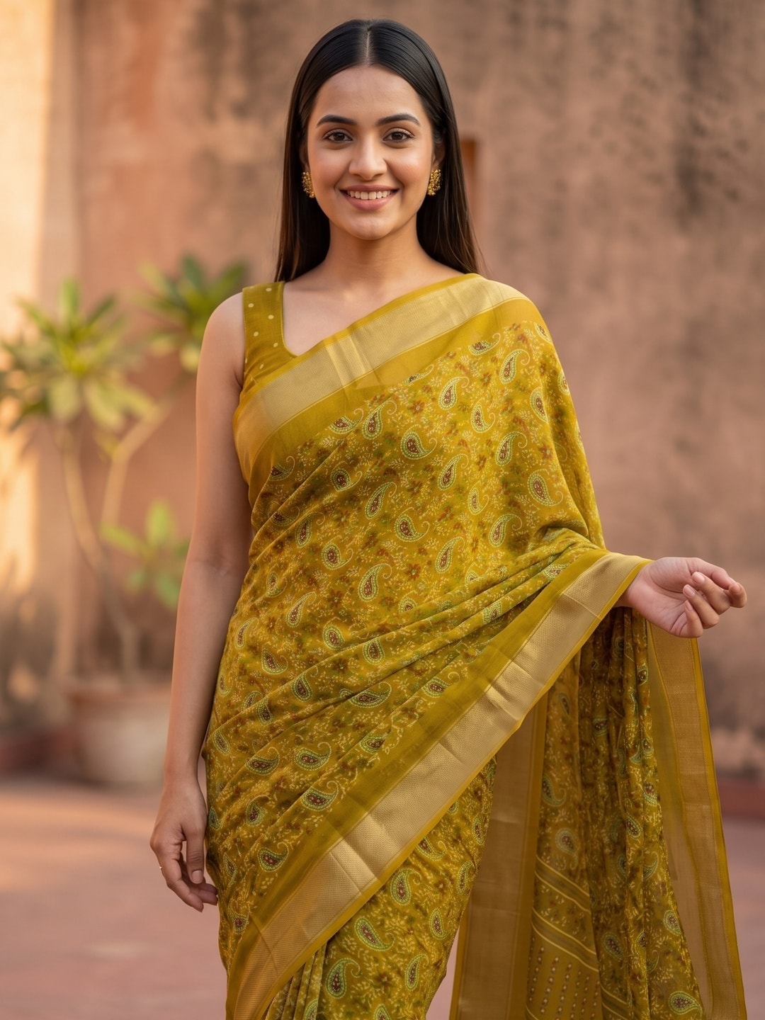 Peachmode Mustard Paisley Moss Georgette Digital Printed Saree With Zari Border - Image 3