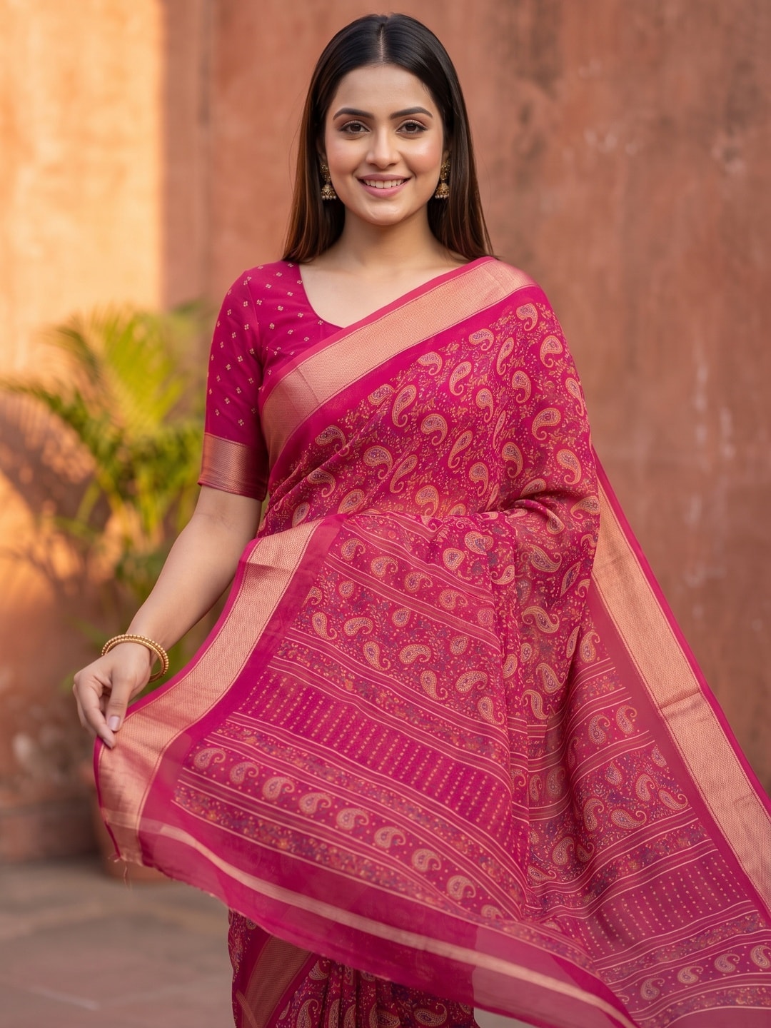 Peachmode Rani Pink Paisley Moss Georgette Digital Printed Saree With Zari Border - Image 3