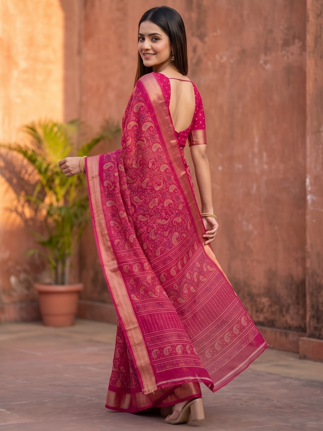 Peachmode Rani Pink Paisley Moss Georgette Digital Printed Saree With Zari Border - Image 4