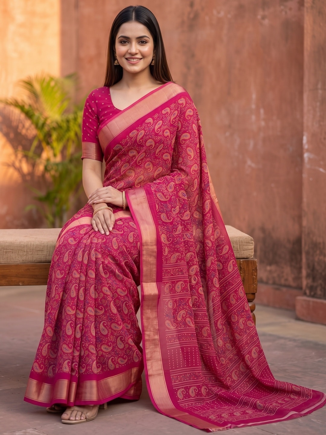 Peachmode Rani Pink Paisley Moss Georgette Digital Printed Saree With Zari Border - Image 5