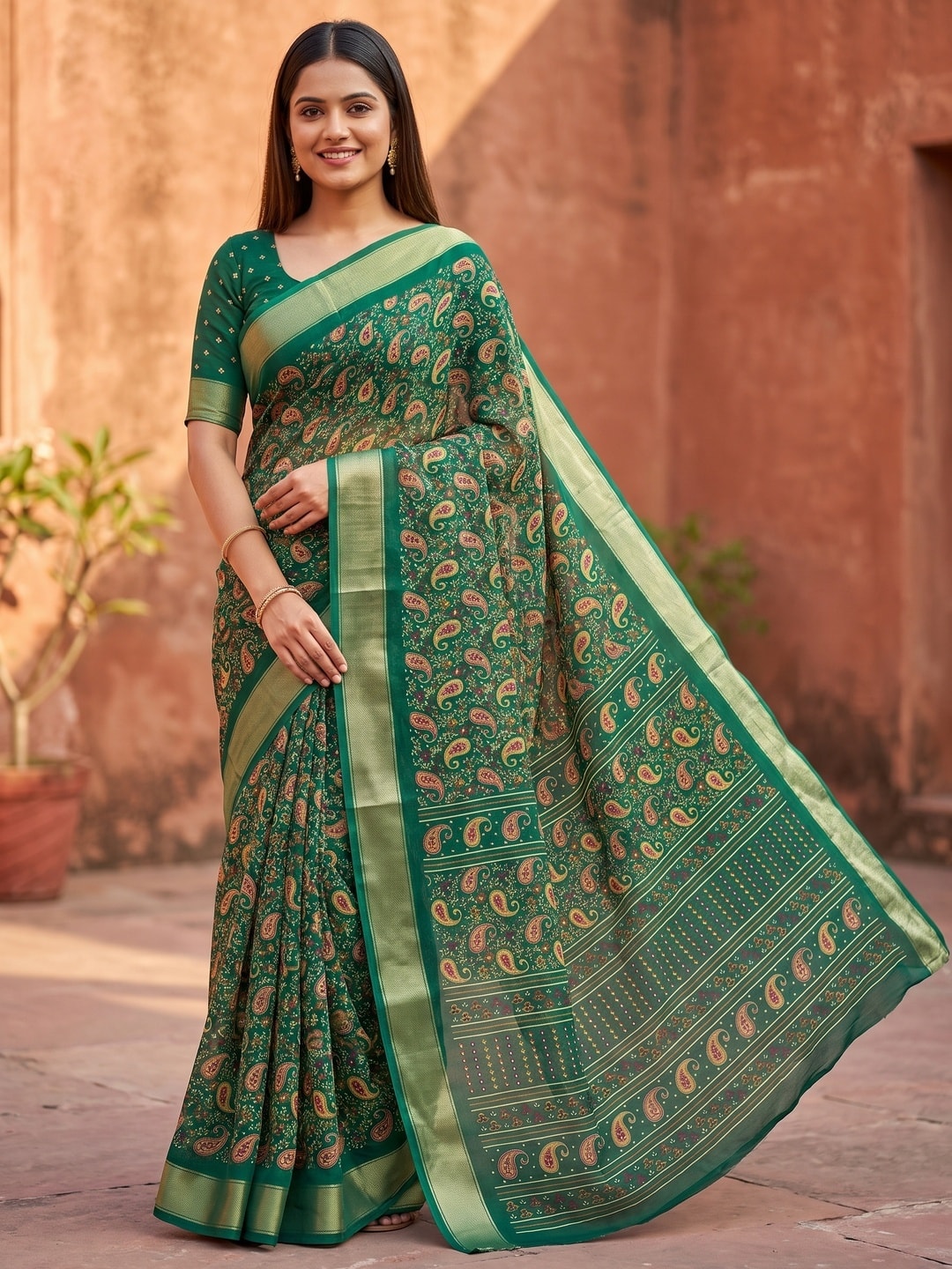 Peachmode Bottle Green Paisley Moss Georgette Digital Printed Saree With Zari Border - Image 1