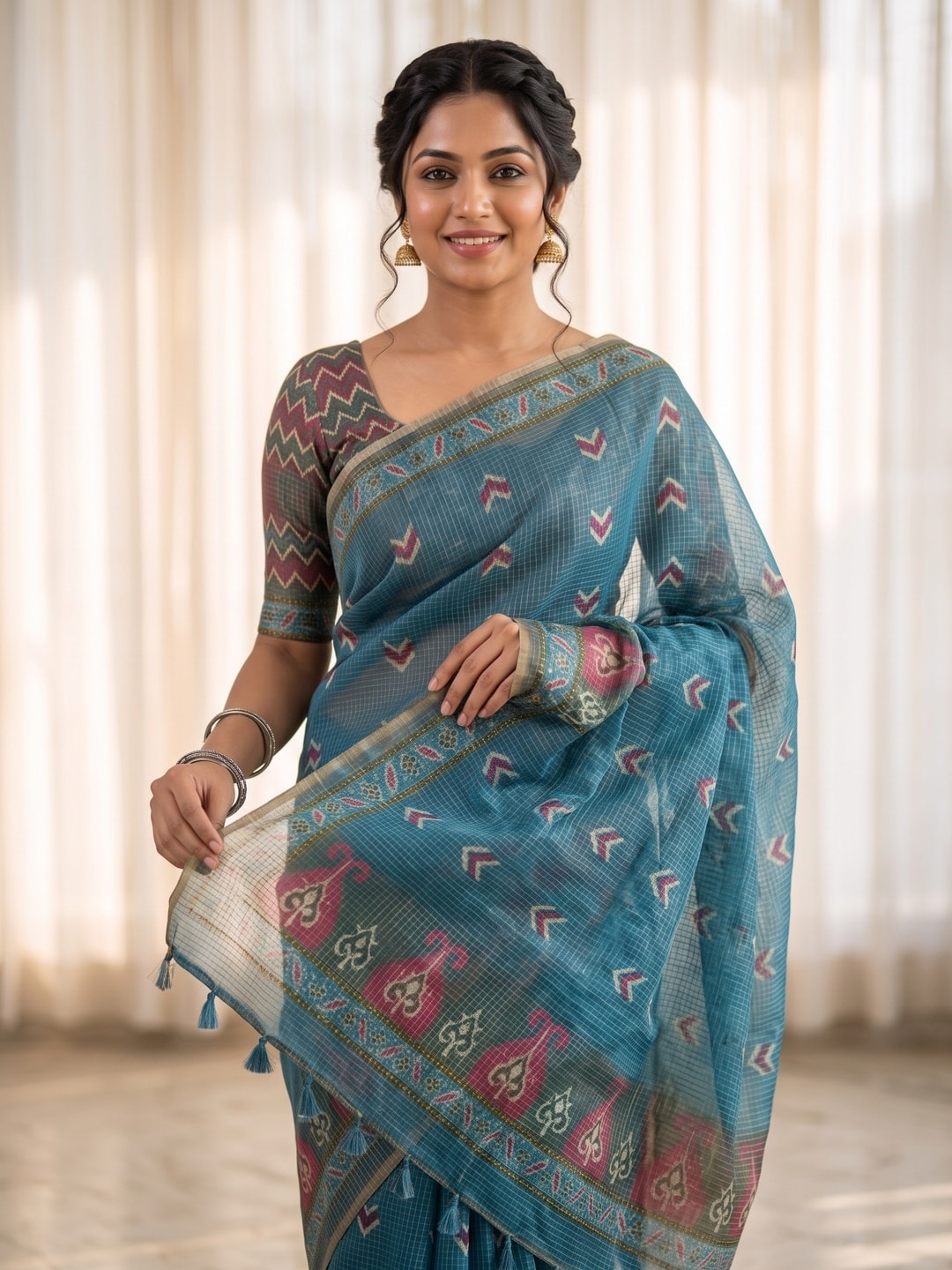 Peachmode Teal Kota Doria Digital Print Zari Check Cotton Saree With Chevron Motifs - Image 3