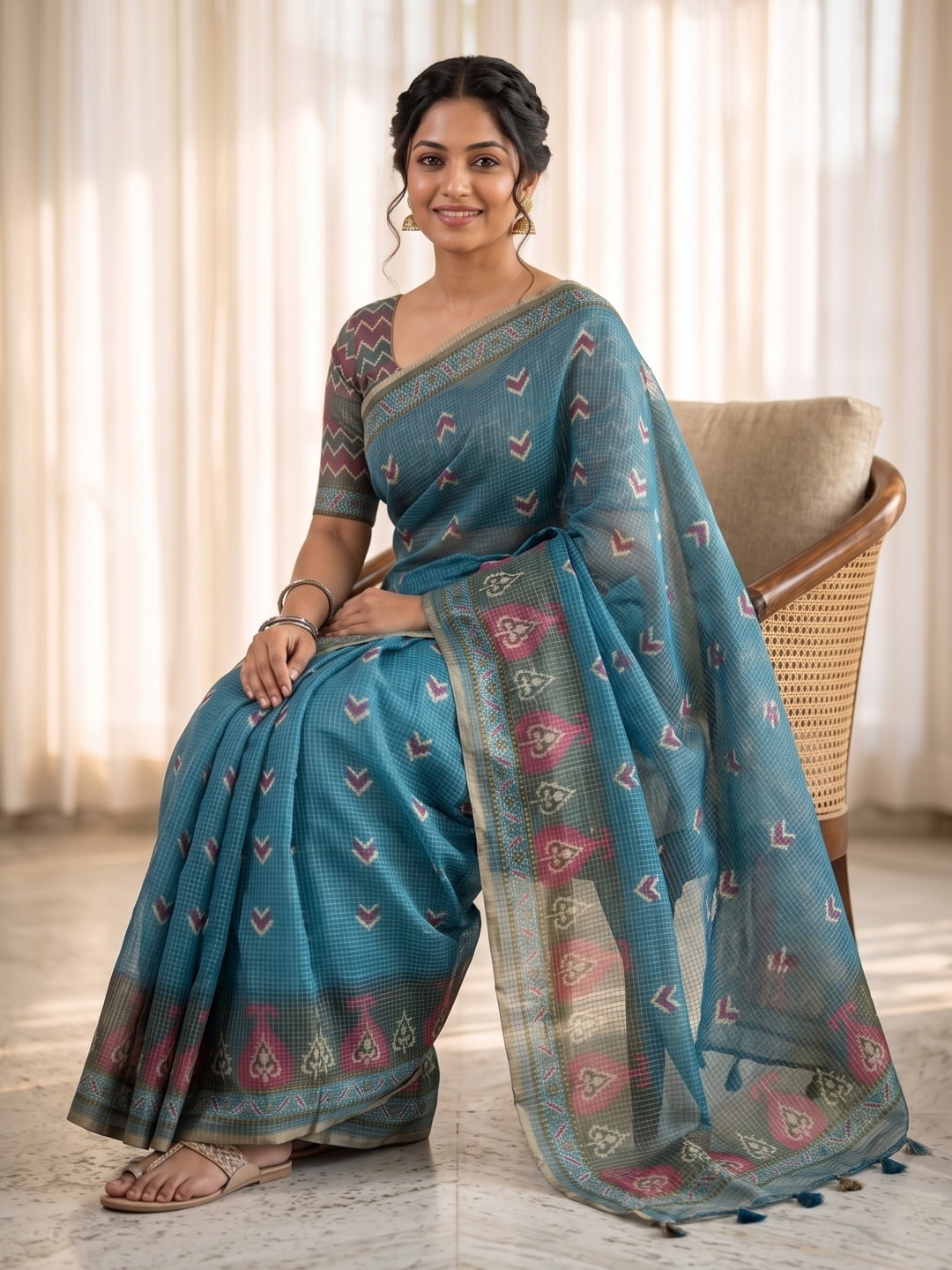 Peachmode Teal Kota Doria Digital Print Zari Check Cotton Saree With Chevron Motifs - Image 5